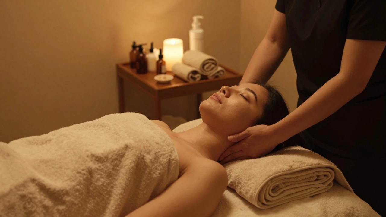 Client relaxing during a neck massage in a warmly lit, cozy spa room