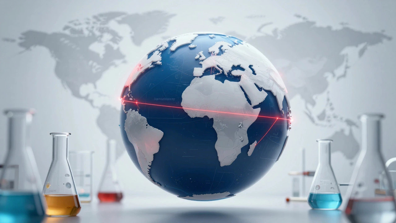 Conceptual art of a globe with lab glassware overlays showing global trade
