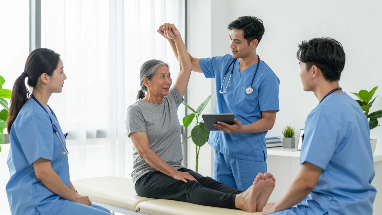 Diverse medical team supporting a patient in a bright, calming clinic environment.
