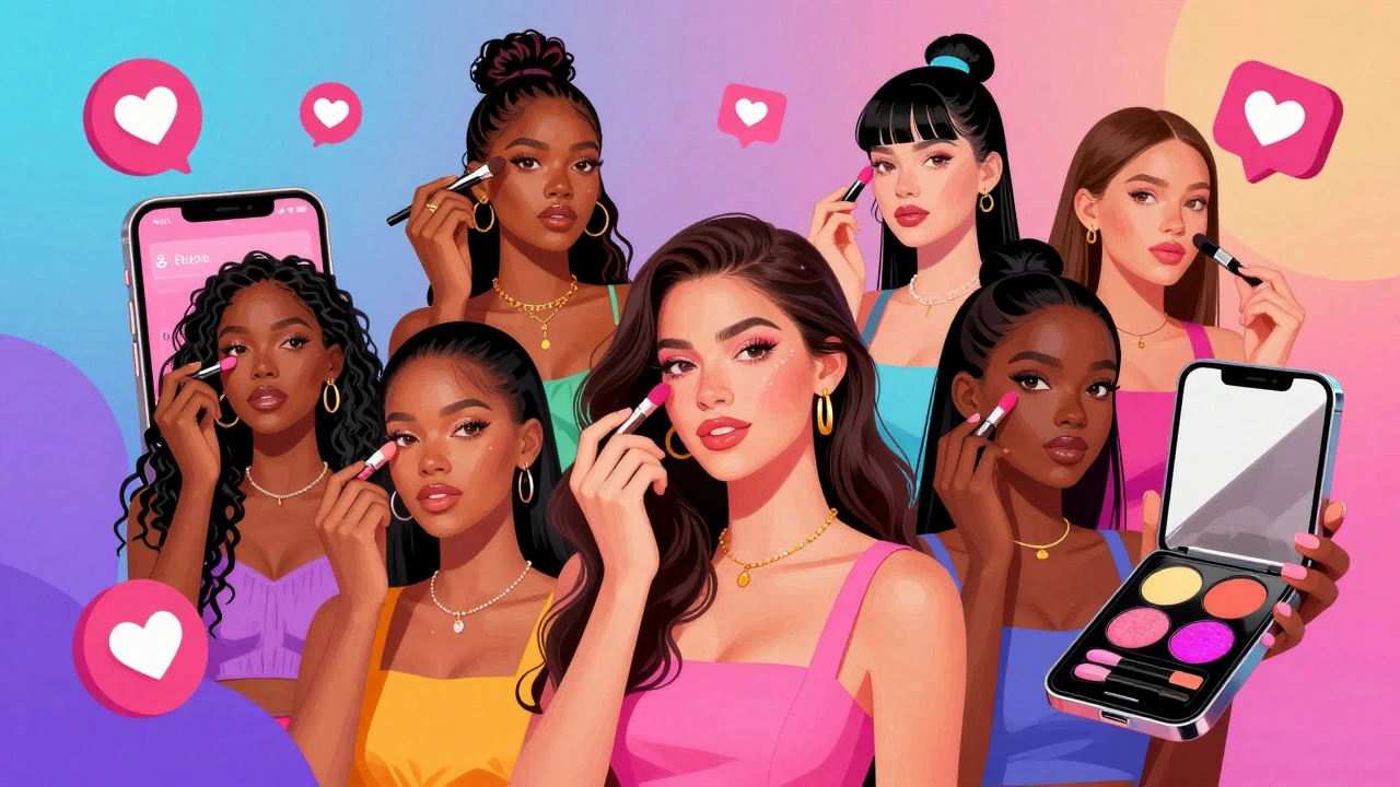 Diverse models applying makeup amidst social media graphics and vibrant colors.