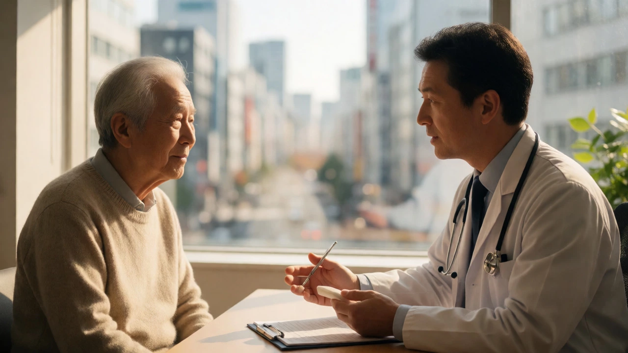Doctor and elderly patient in a warm, accessible German or Japanese clinic setting.