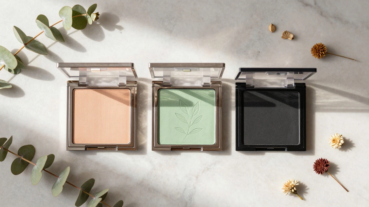 Flat lay of three makeup palettes with botanical accents on marble