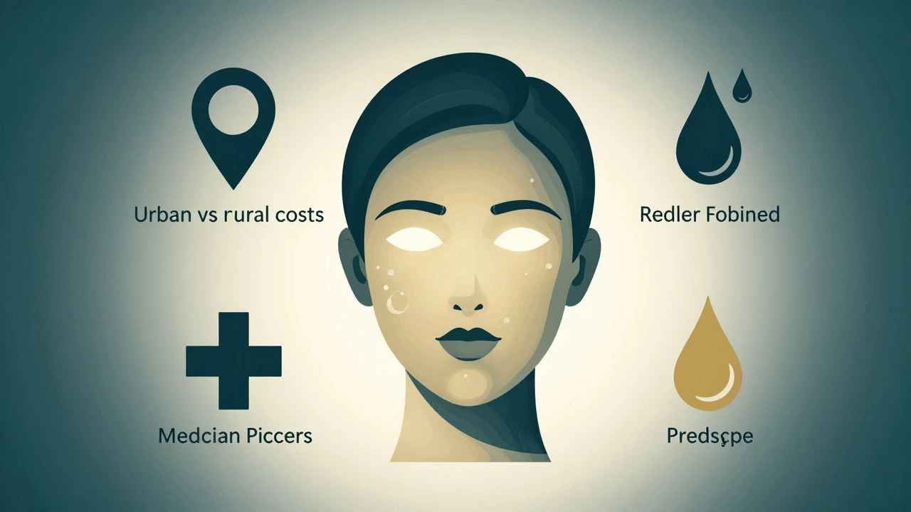 Illustration of a face surrounded by symbols representing cost factors like location and products