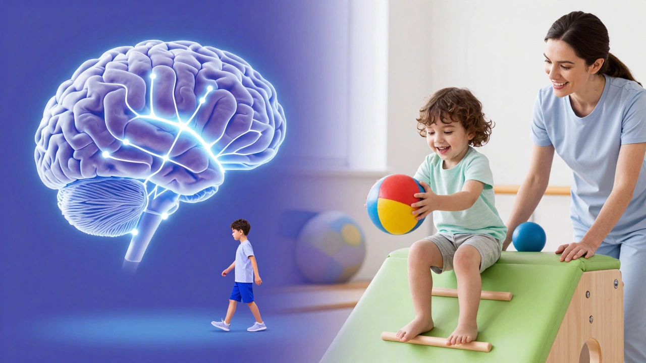 Illustration of neurological rehab and pediatric play-based therapy sessions.