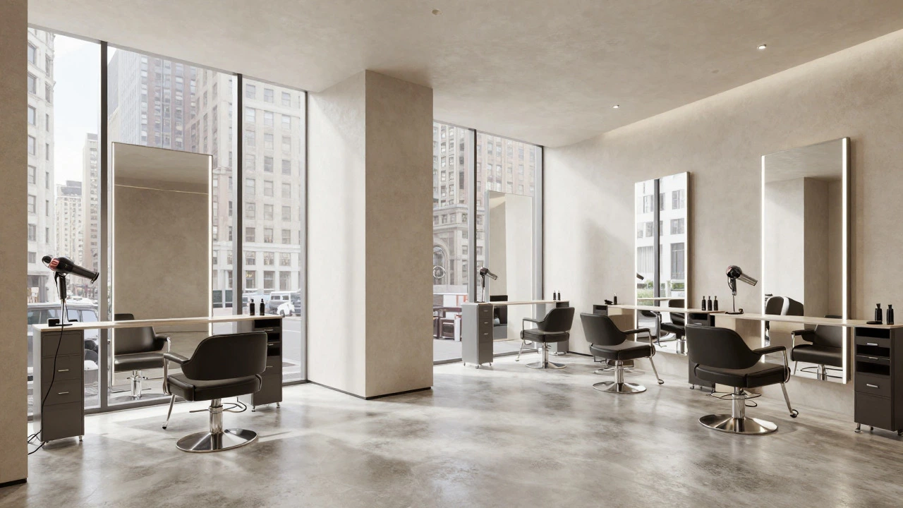 Interior of a spacious, high-end hair salon with large windows and minimal decor