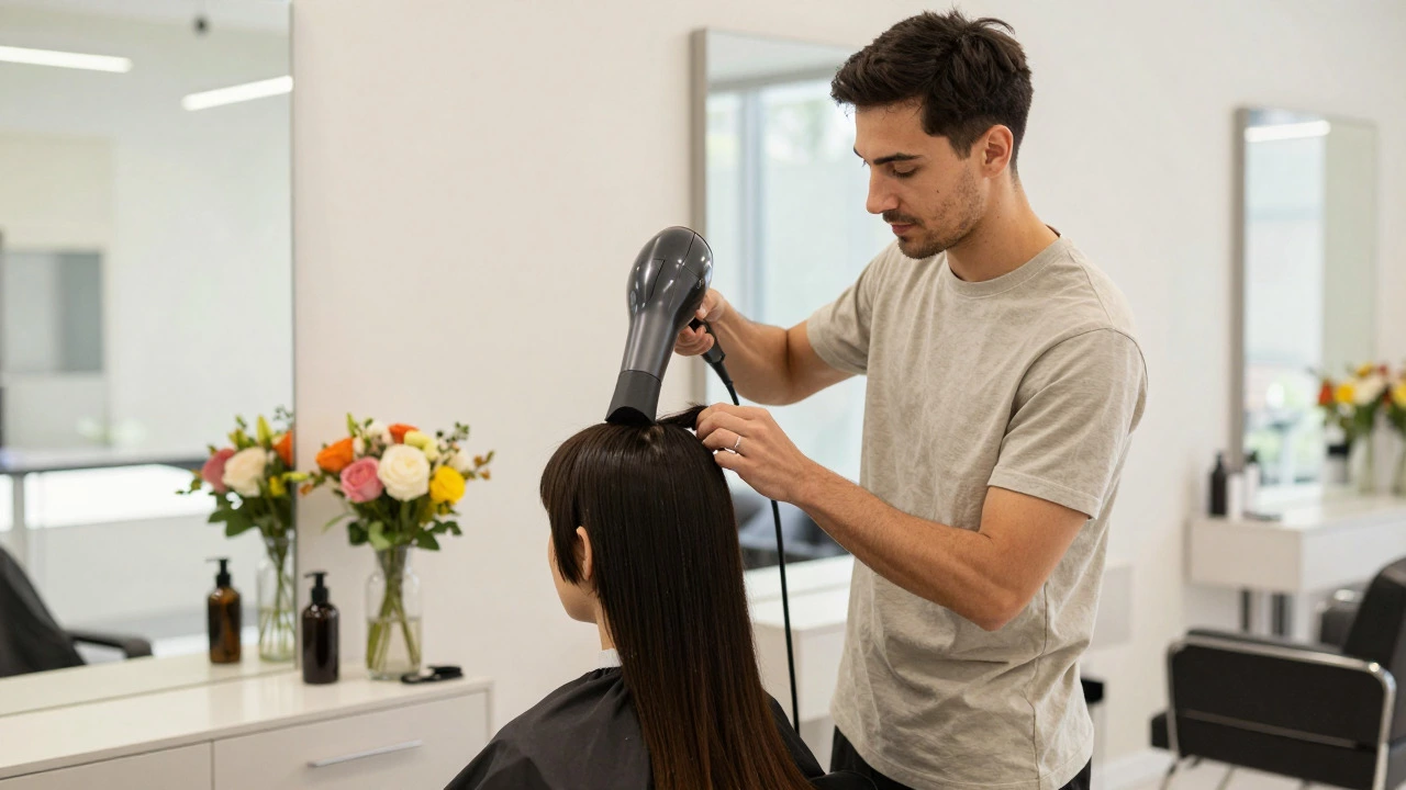 Male cosmetologist styling hair in a bright unisex salon