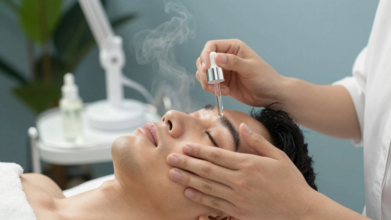 Male esthetician applying skincare product during a facial