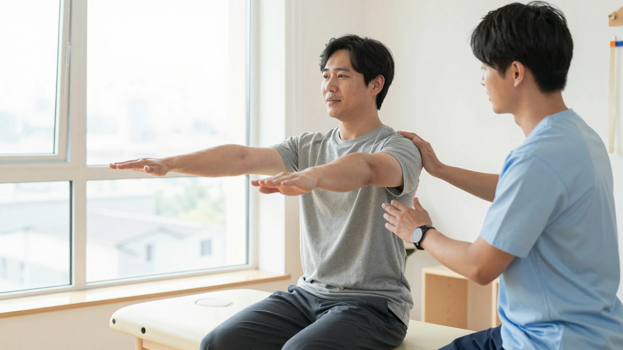Patient performing core exercises with a physical therapist in a bright room