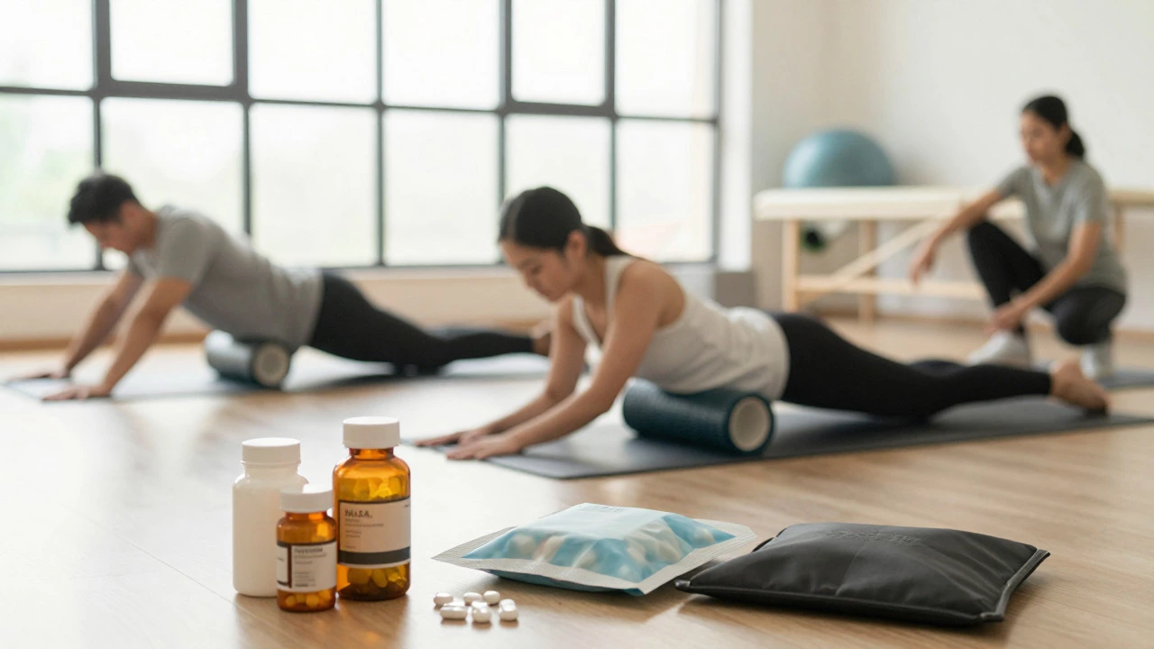 People doing physical therapy exercises with medicine nearby
