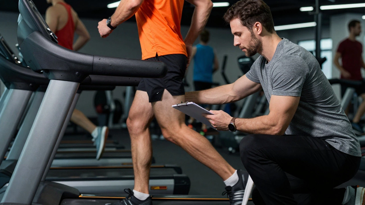 Physiotherapist analyzing a runner's gait on a treadmill for injury prevention.