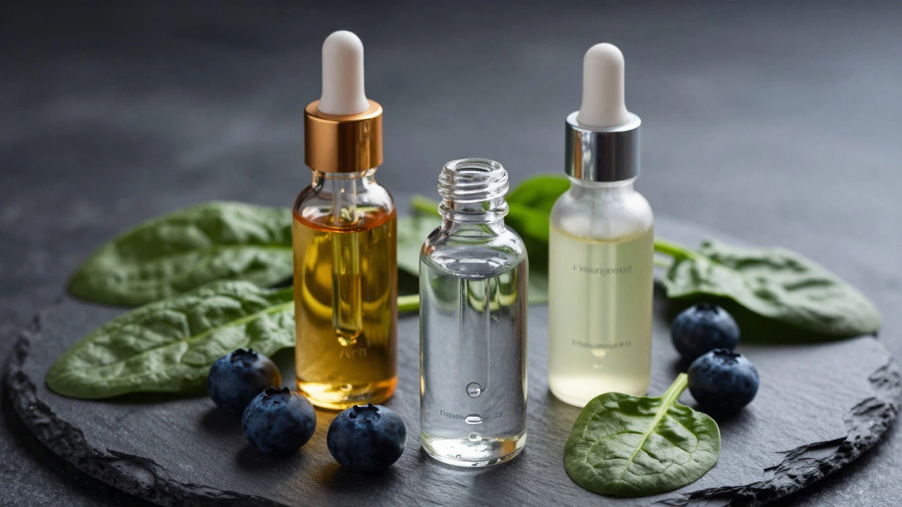 Serum bottles with fresh berries and spinach on slate