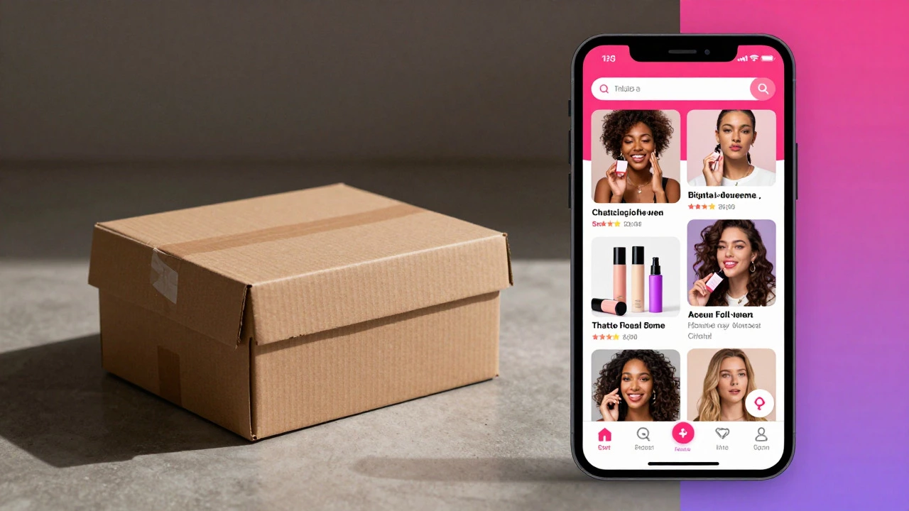 Split image comparing old subscription box with modern social media shopping