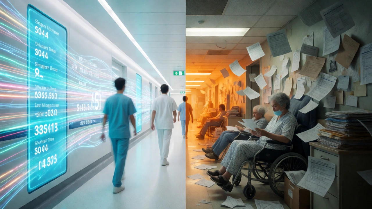 Split view comparing efficient Singaporean healthcare with complex US administrative burdens.