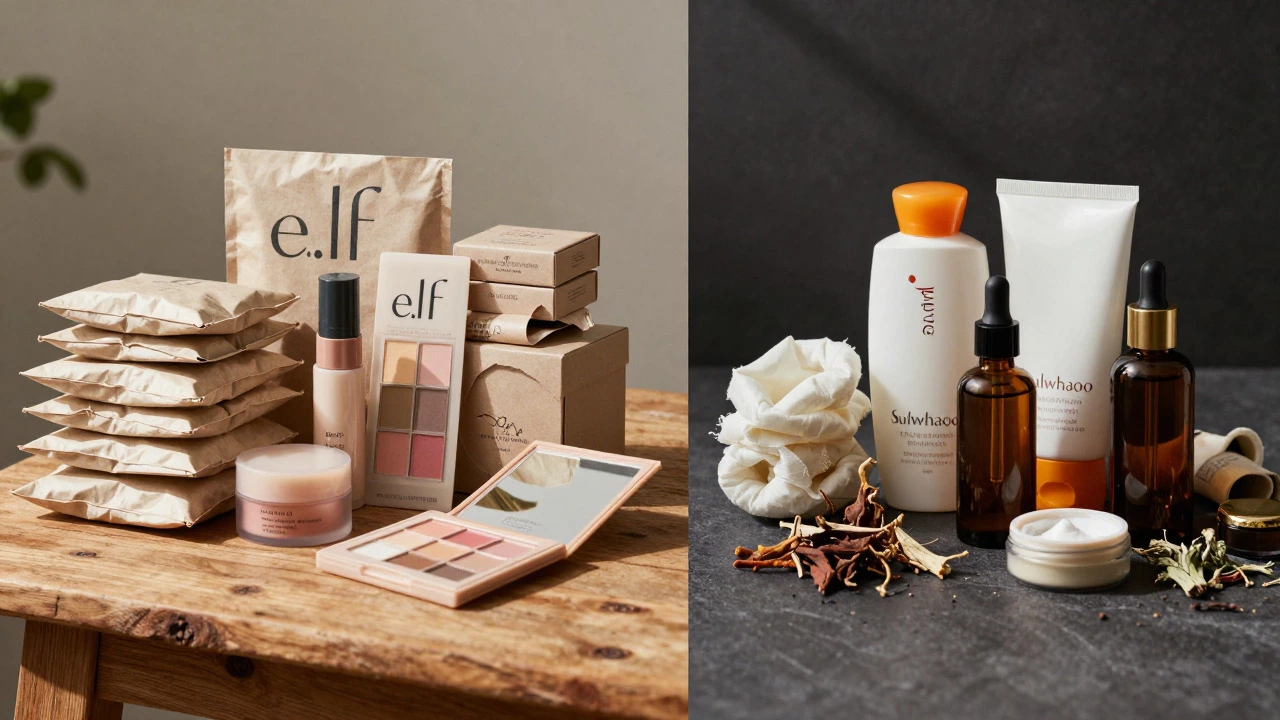 Split view showing affordable drugstore makeup and sustainable beauty ingredients.