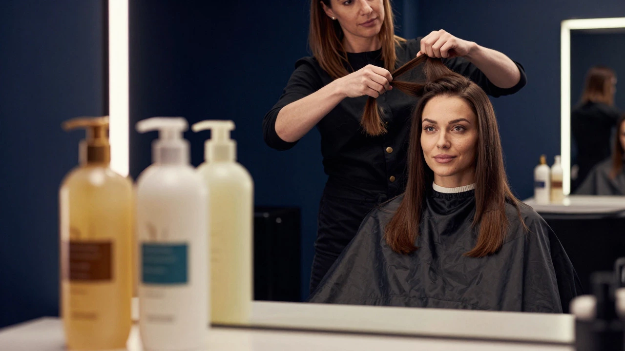 Woman receiving a haircut from a stylist with premium hair products in the foreground