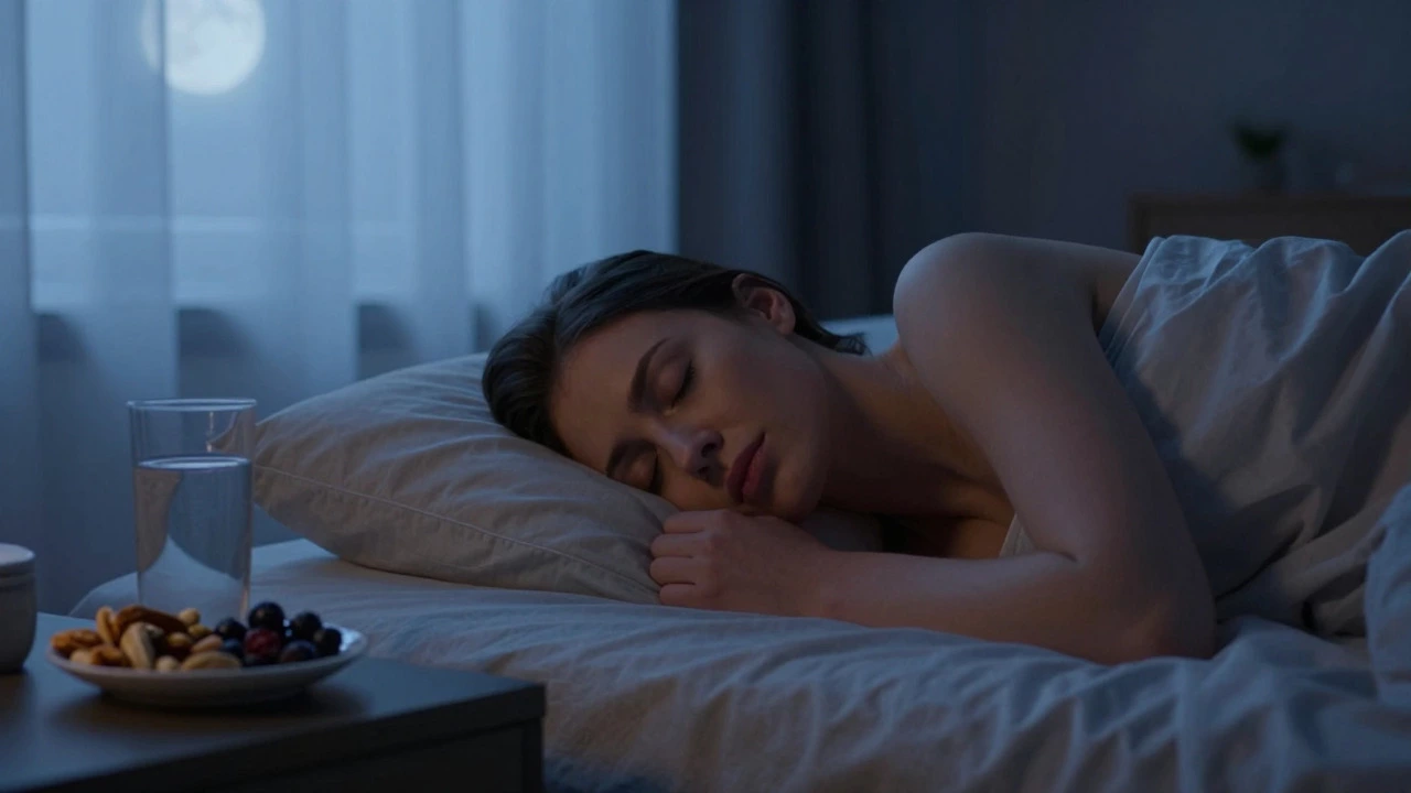 Woman sleeping peacefully with healthy snacks nearby