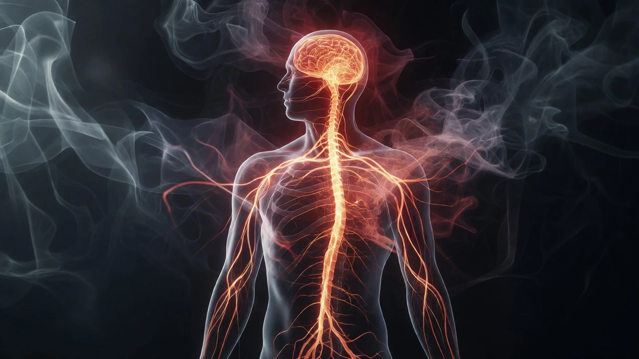 Abstract visualization of glowing neural pathways indicating central sensitization