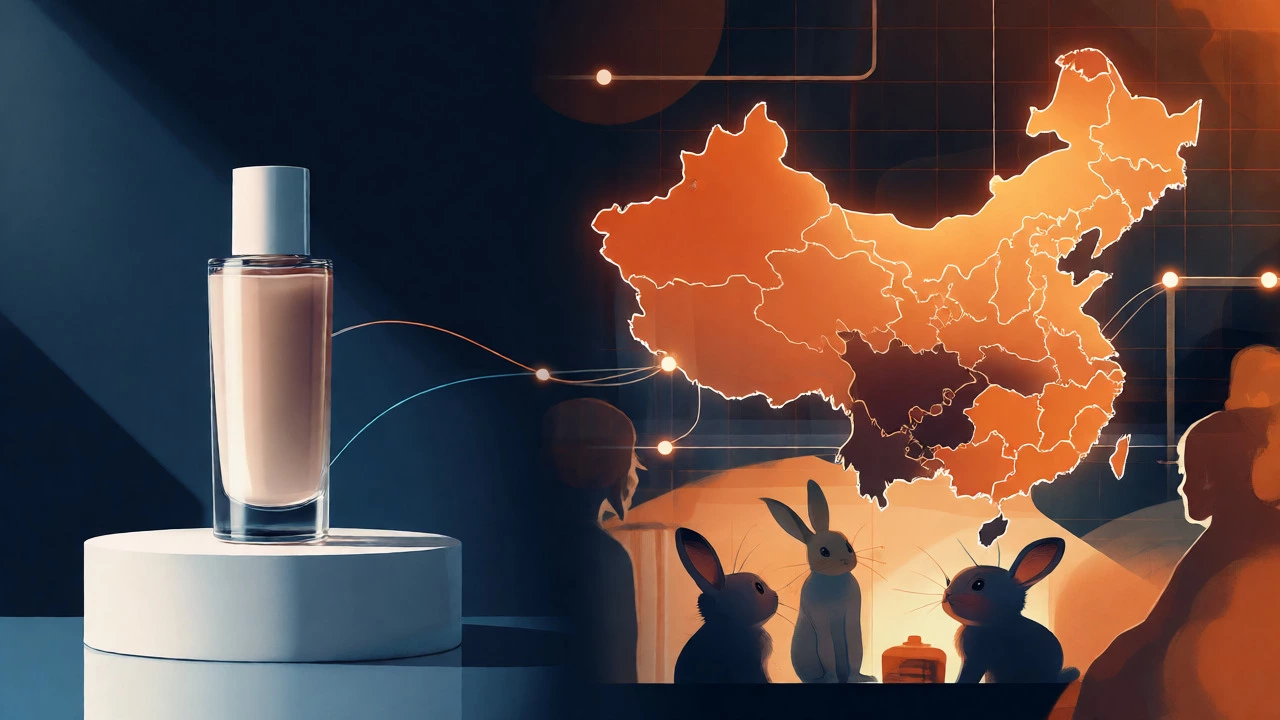 Conceptual art linking a cosmetic bottle to a Chinese lab with rabbits.