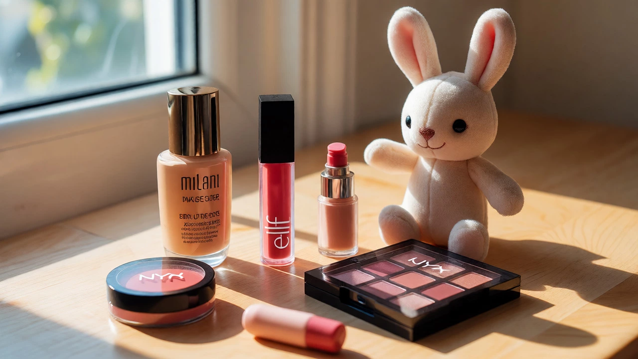 Cruelty-free makeup alternatives like Milani and e.l.f. next to a bunny.