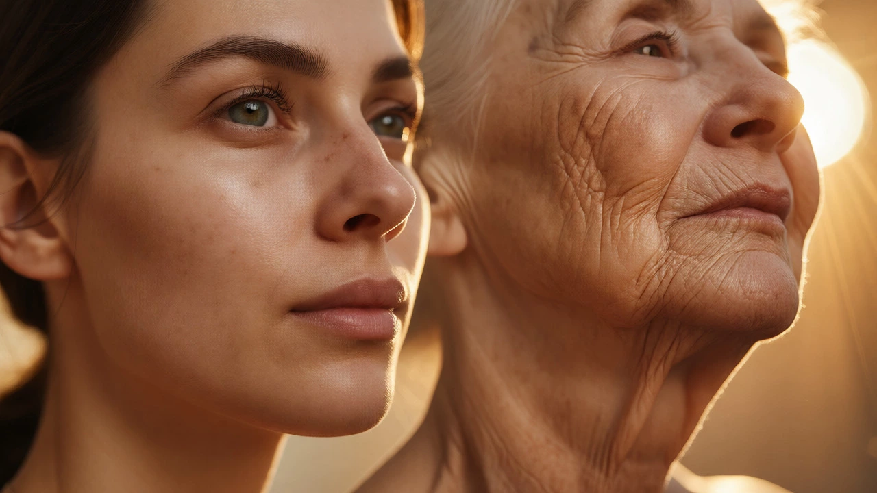 Double exposure contrasting youthful skin with sun-damaged aging
