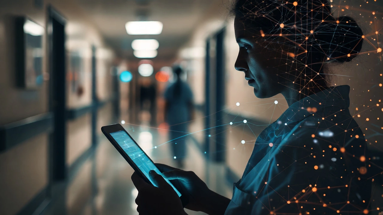 Double exposure of a person using a tablet overlaid with digital network graphics.