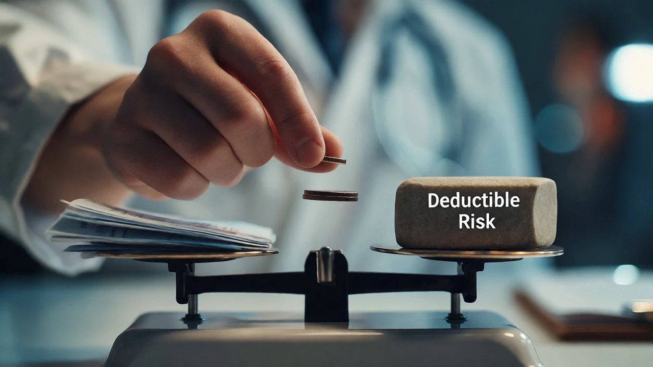 Hand balancing premium costs against deductible risks on a scale
