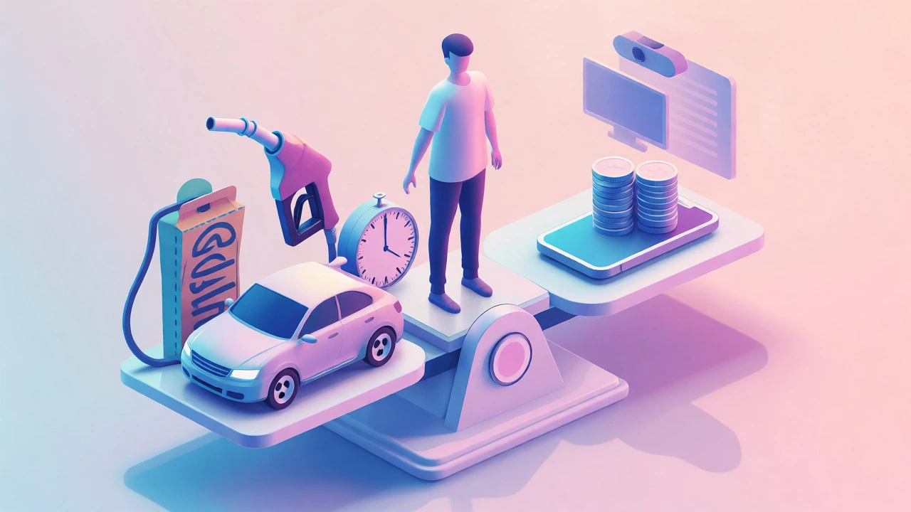 Isometric illustration weighing travel costs against direct telehealth expenses on a scale.