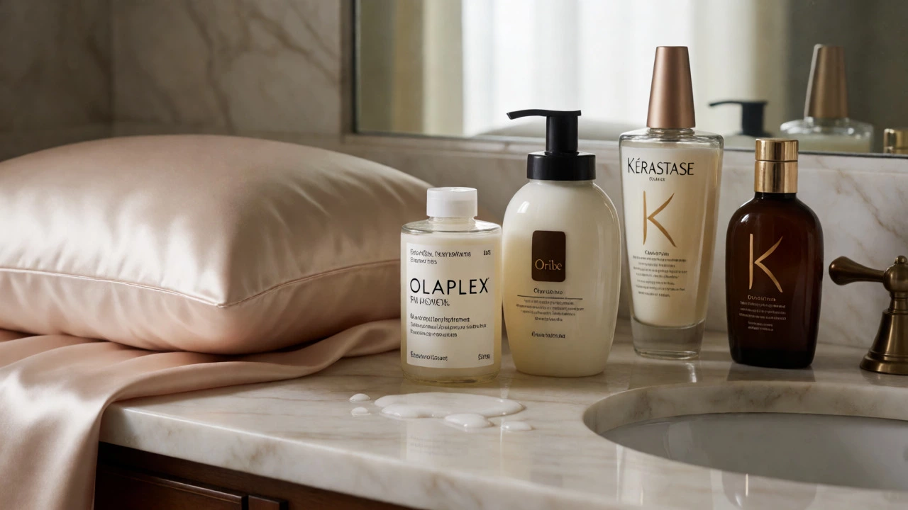 Luxury shampoo bottles arranged on a marble bathroom counter