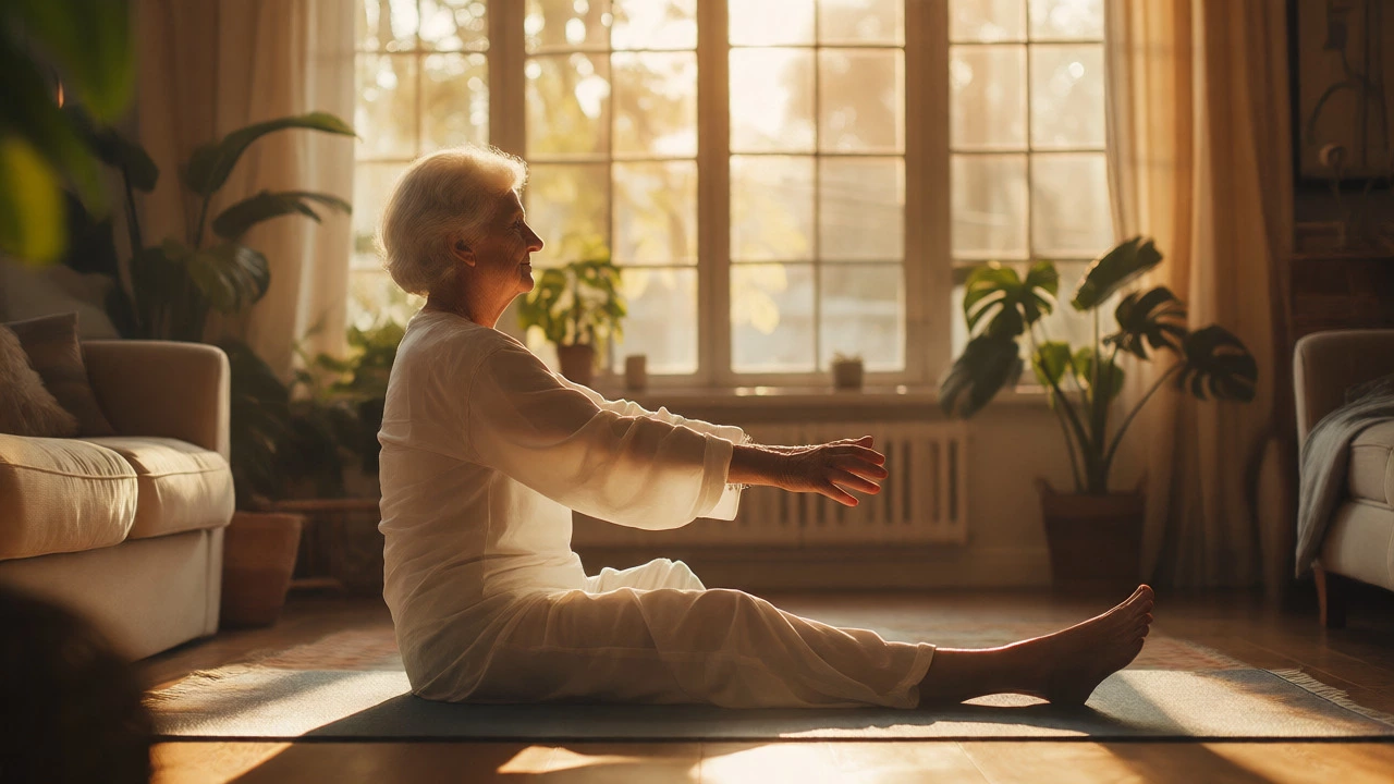 Older adult practicing gentle seated yoga in a sunlit room
