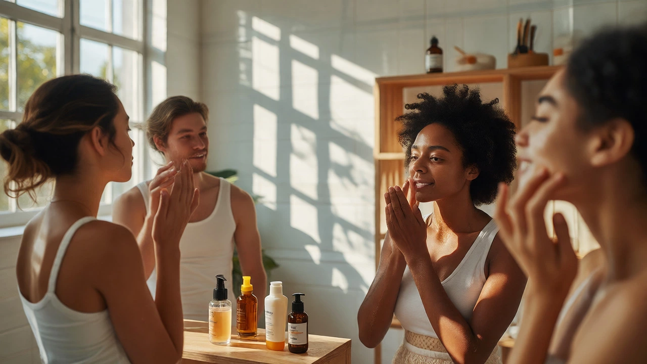 People applying simple skincare routine with minimal products in a bright bathroom