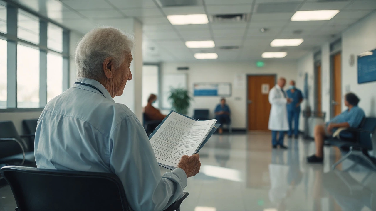 Senior citizen reviewing insurance paperwork in a modern medical clinic.