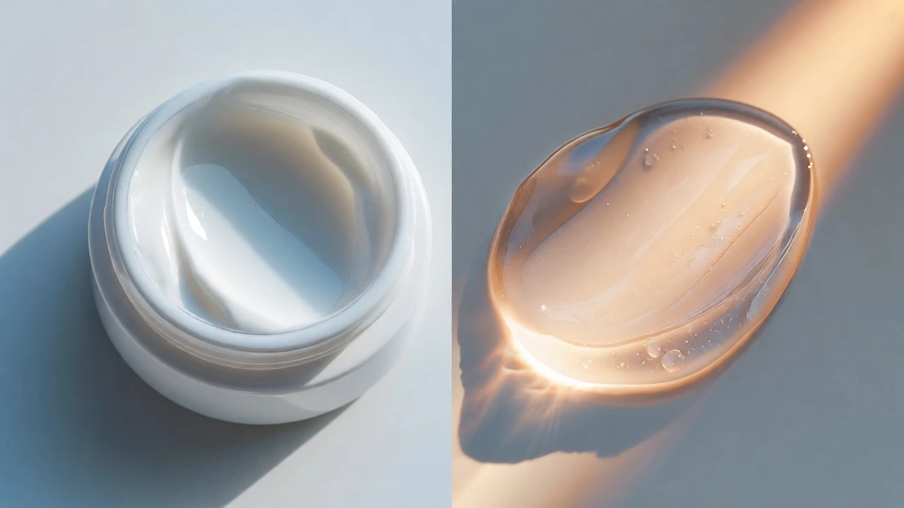 Side-by-side comparison of thick moisturizer and clear sunscreen textures