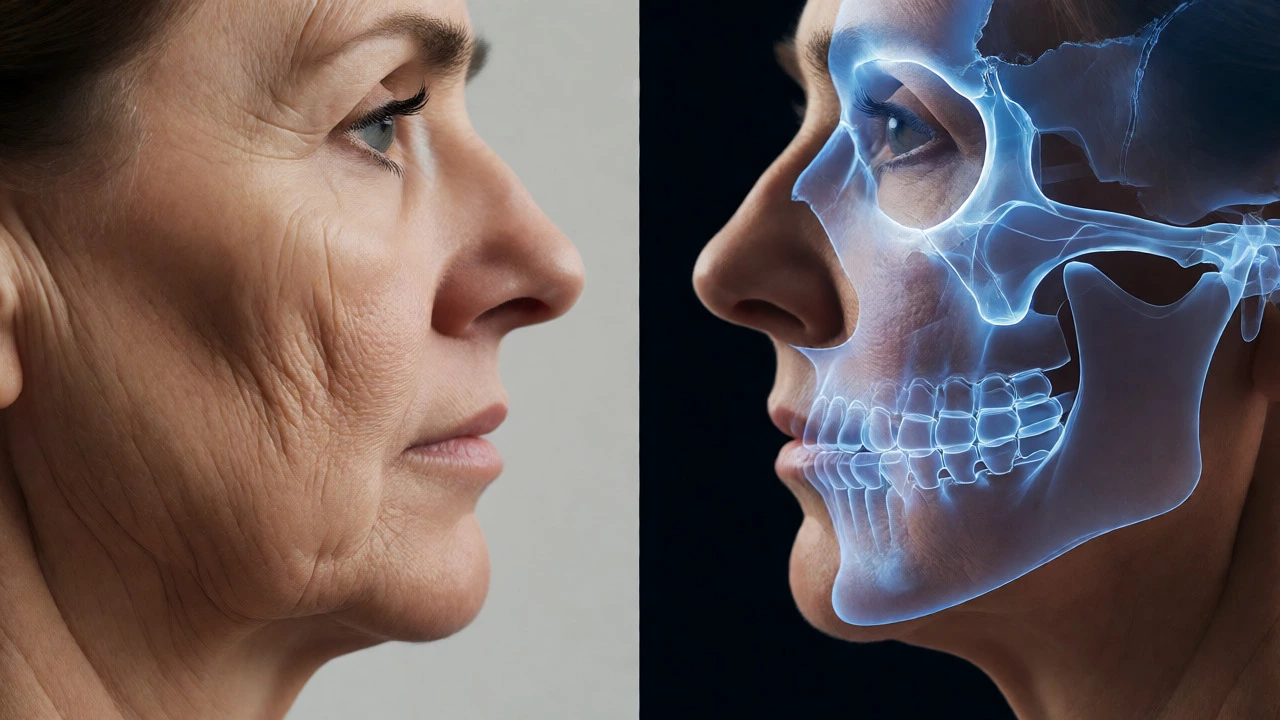 Side profile showing facial sagging and underlying bone resorption
