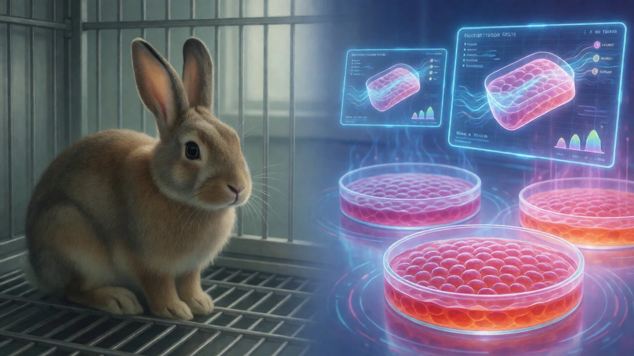 Split view comparing lab rabbits with modern human cell testing methods