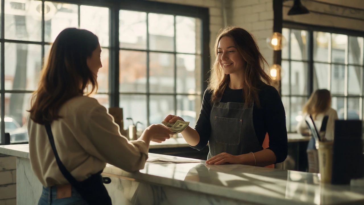 Stylist receiving cash payment from a client at a bright, modern salon reception counter.