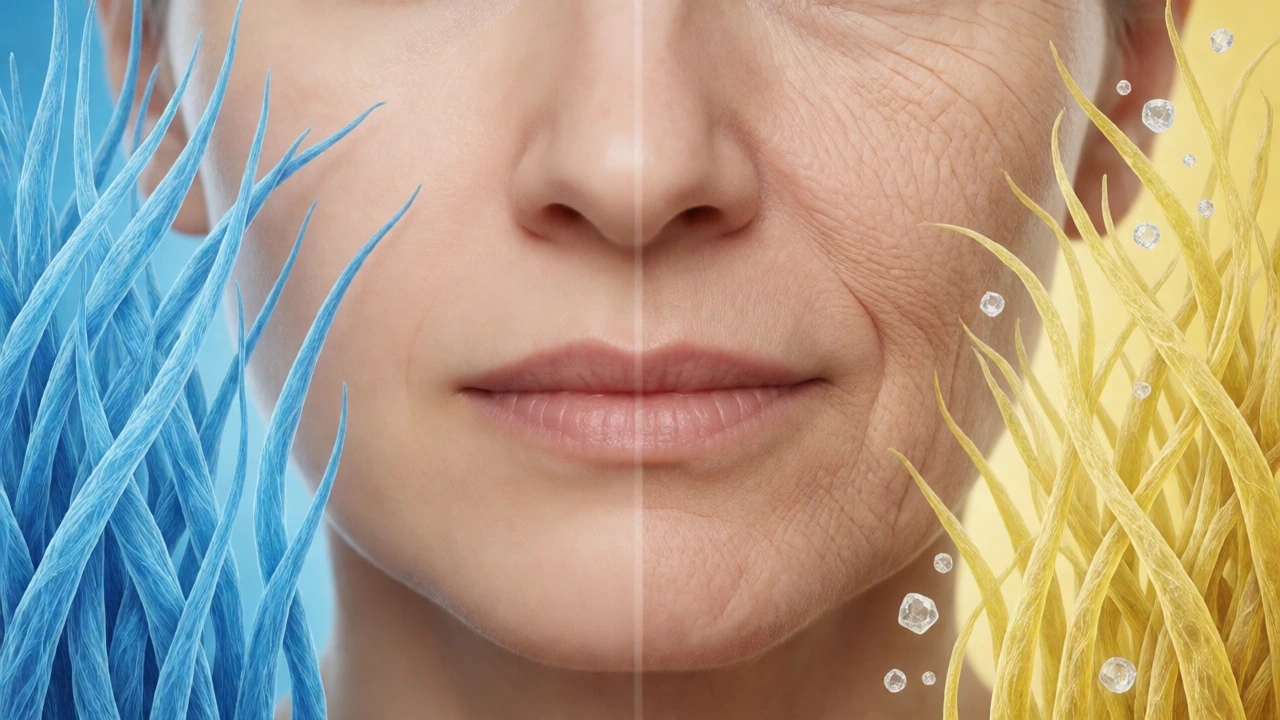 Visual comparison of healthy collagen versus sugar-damaged skin