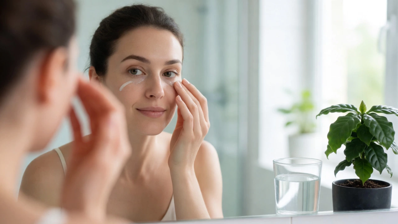Woman applying caffeine eye serum for reduced puffiness