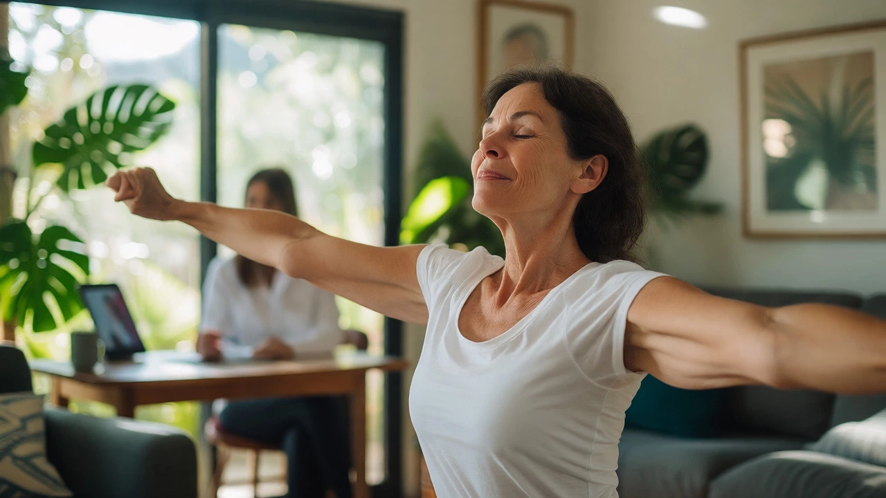 Woman performing gentle stretches confidently in a sunlit home environment.