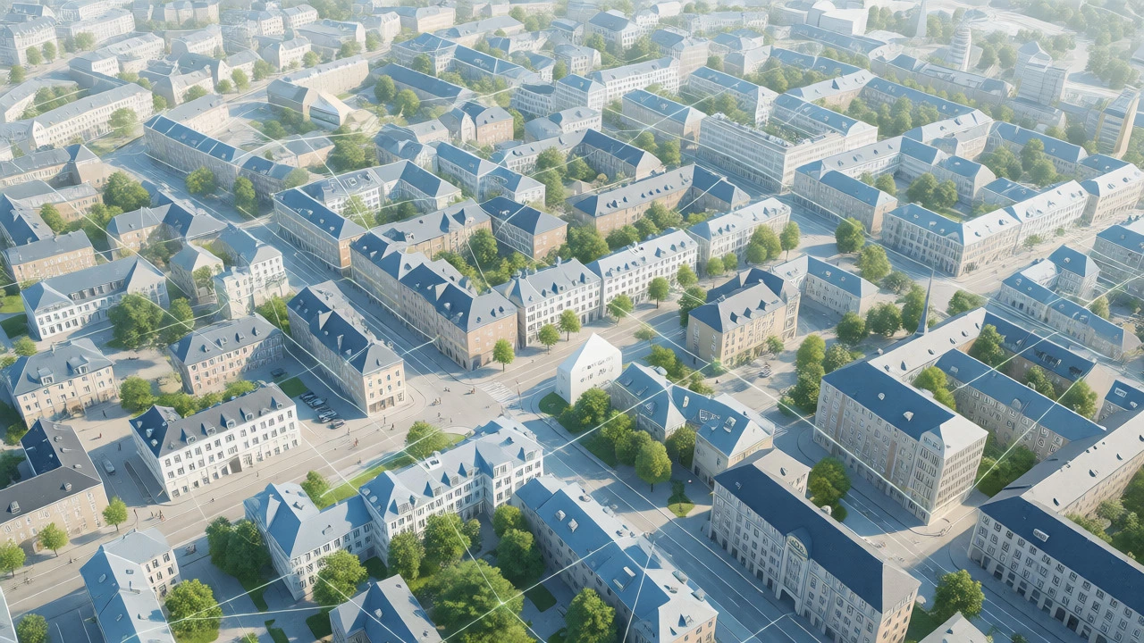 Aerial view of a Scandinavian city with digital health connections overlay.