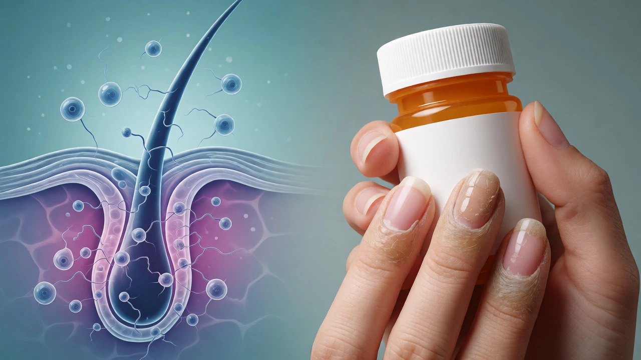 Artistic depiction of hair follicle inflammation and fungal nail changes.