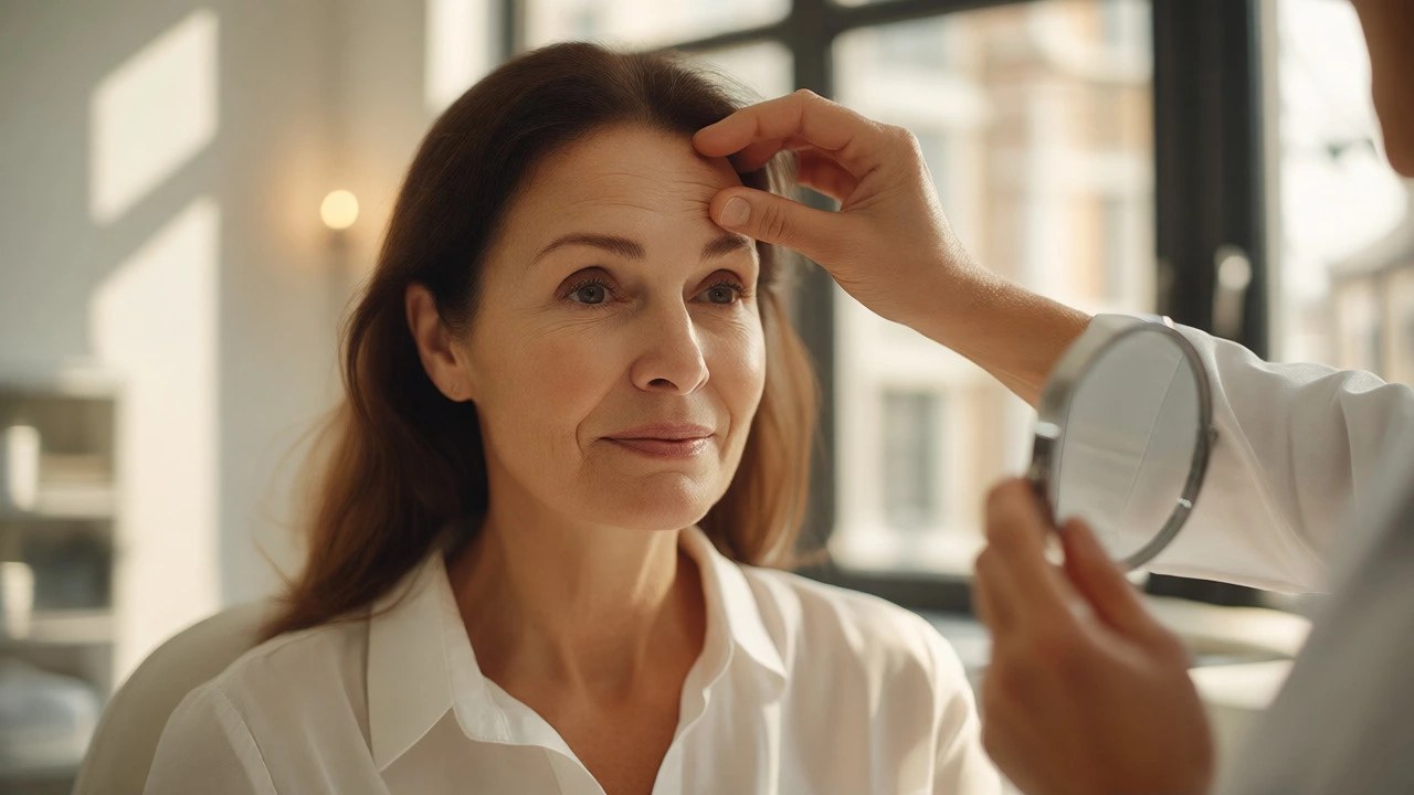 British woman receiving a gentle facial assessment in a bright London clinic for subtle anti-wrinkle treatment.