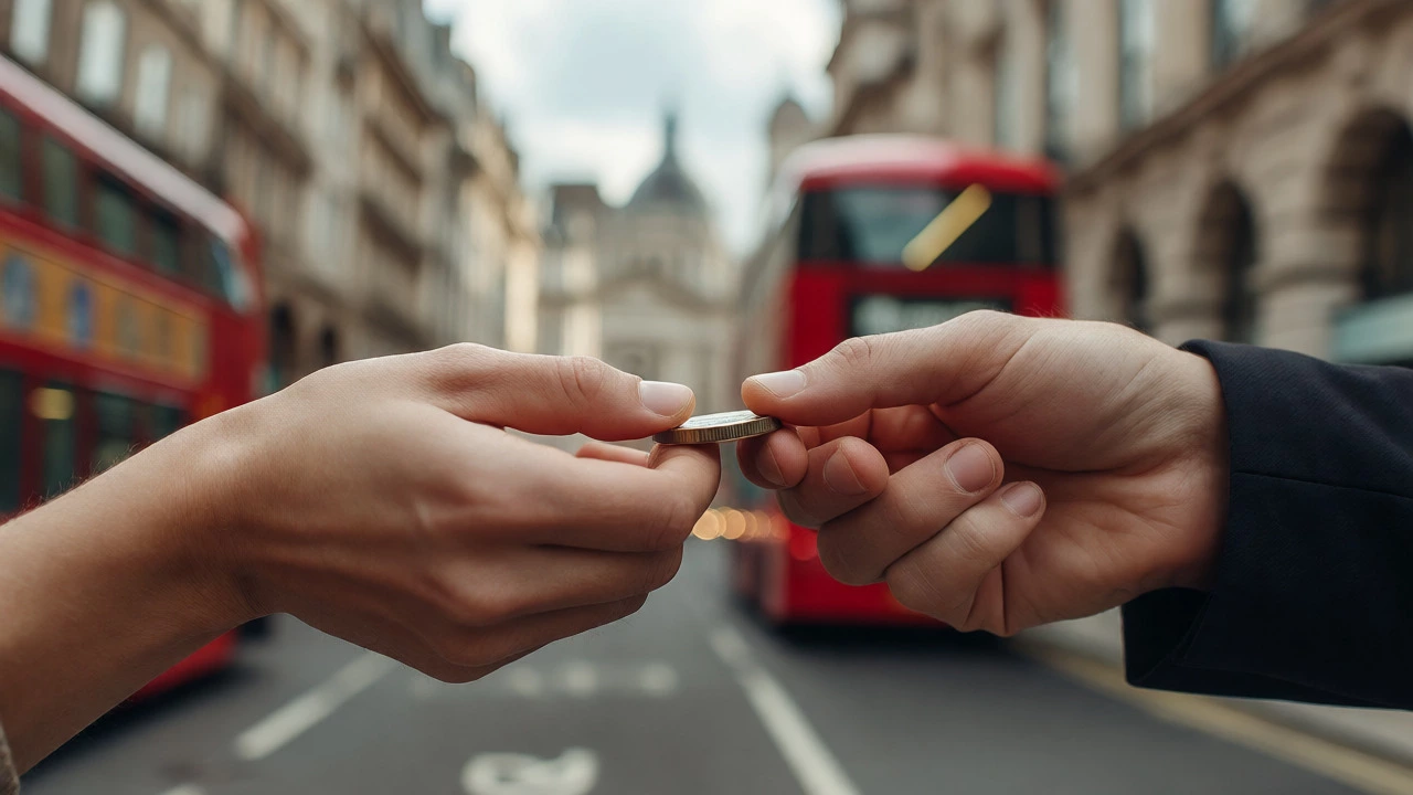 Close-up of hands exchanging money against a blurred London backdrop