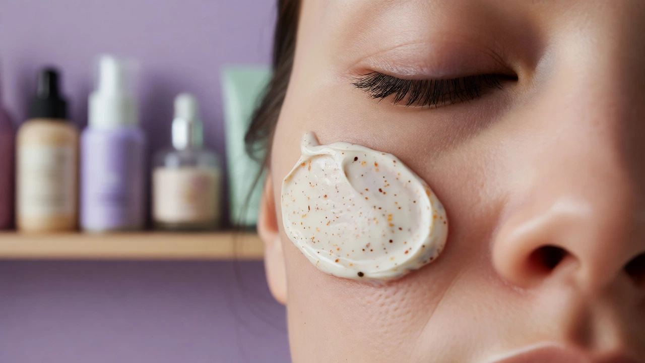 Close-up of textured facial mask being applied to skin with spa products in background