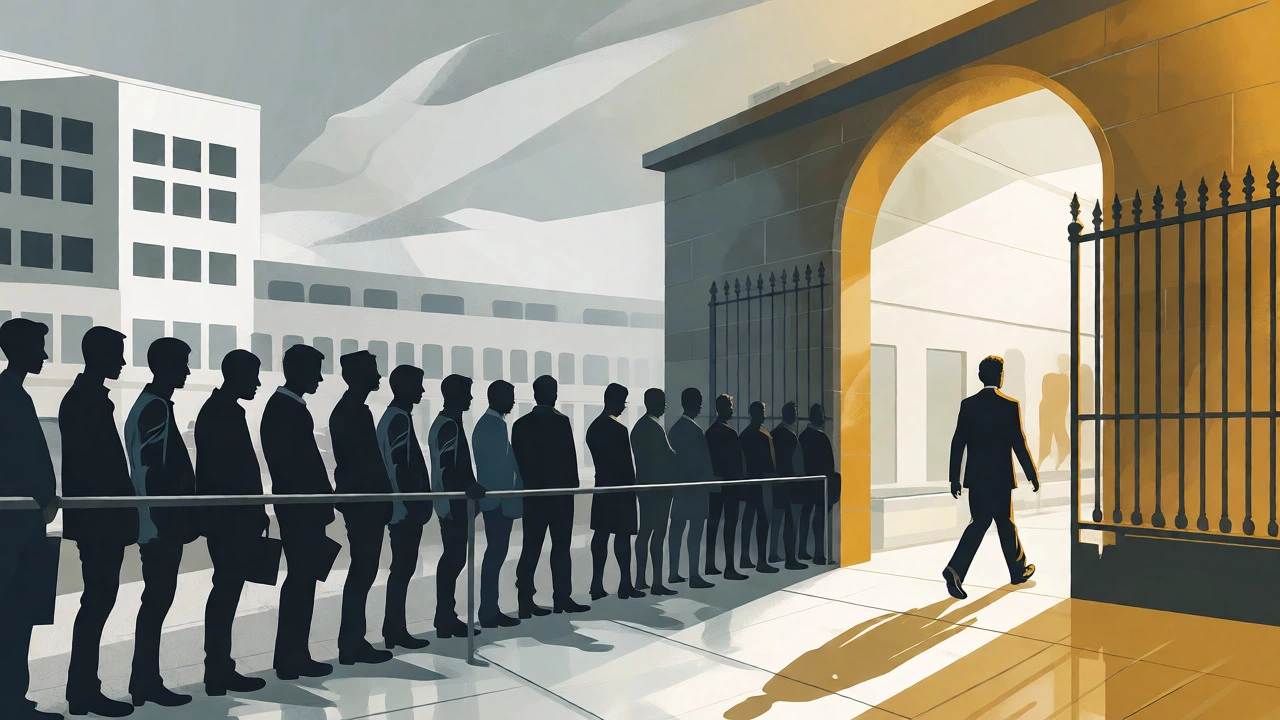 Conceptual art contrasting long NHS queues with fast private care access