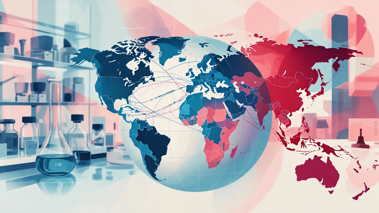 Conceptual art showing global cosmetic supply chains and animal testing regulations across borders.