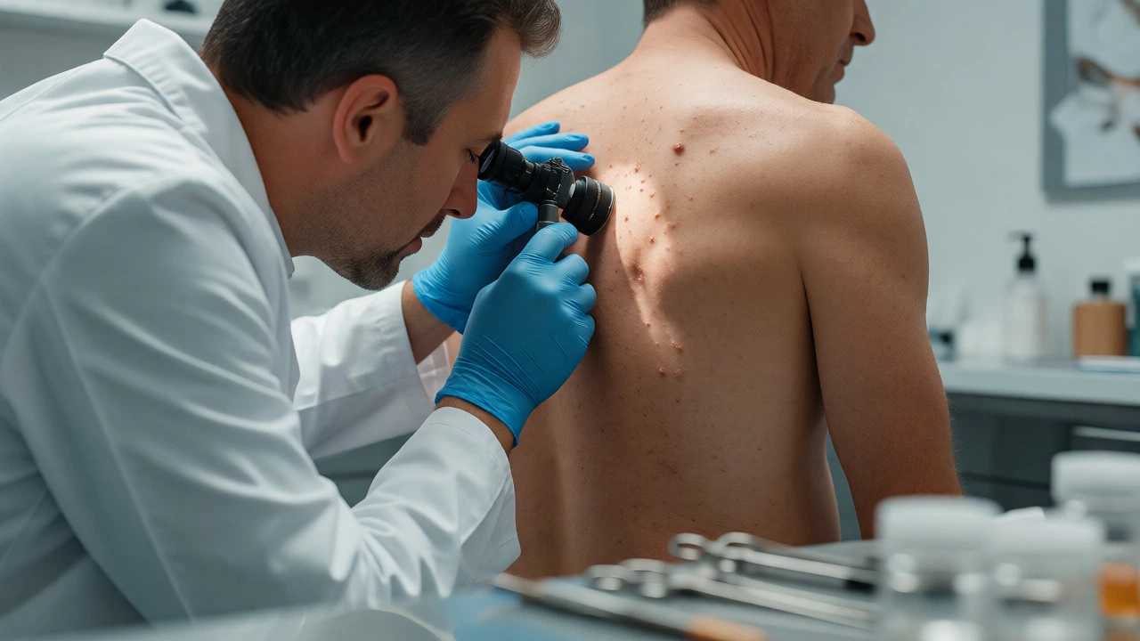 Dermatologist examining a patient's back with a dermatoscope in a clinic.