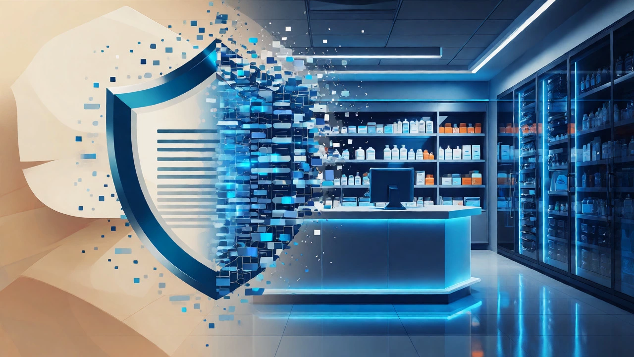 Digital art showing the merger of insurance and pharmacy data systems.