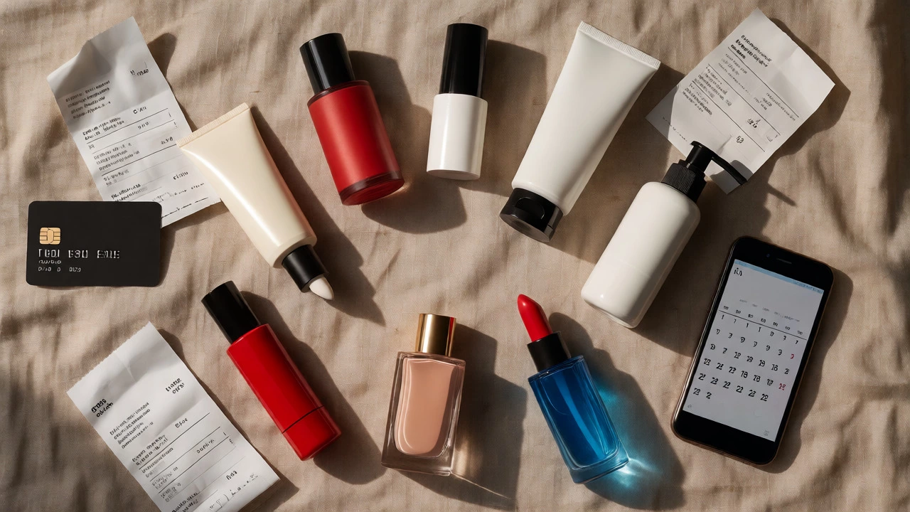 Flat lay of beauty products, receipts, and phone illustrating subscription costs