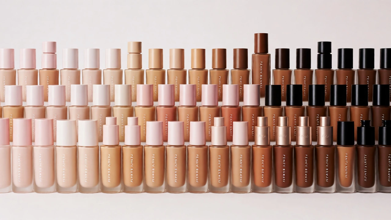 Gradient display of foundation bottles showing diverse skin tone shades.