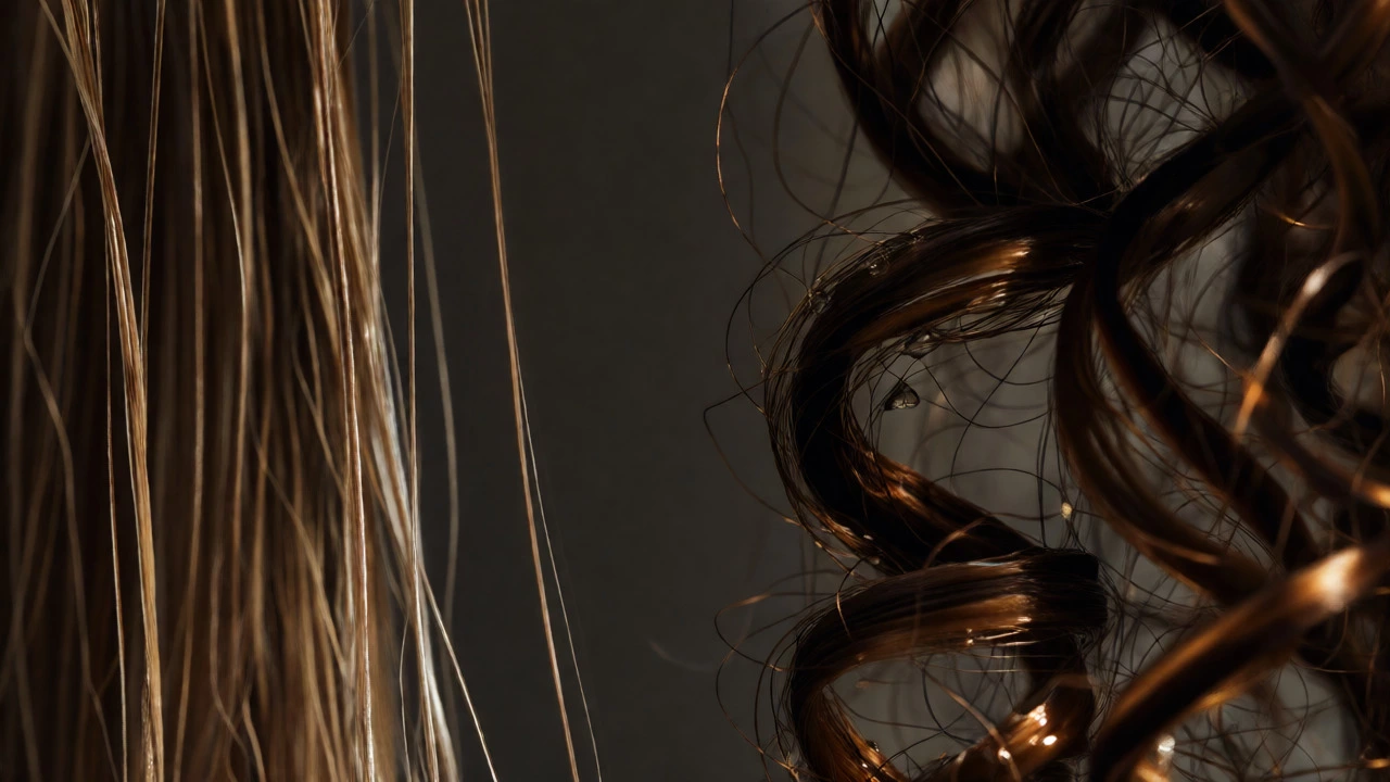 Macro comparison of fine straight hair versus thick curly hair textures
